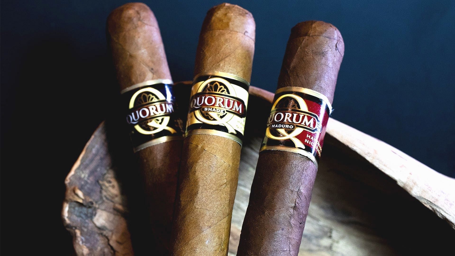 Trio de trabucuri Quorum: Classic, Shade și Maduro, prezentate pe un bloc, cu detalii vizuale ale wrapperului și formelor diferite.