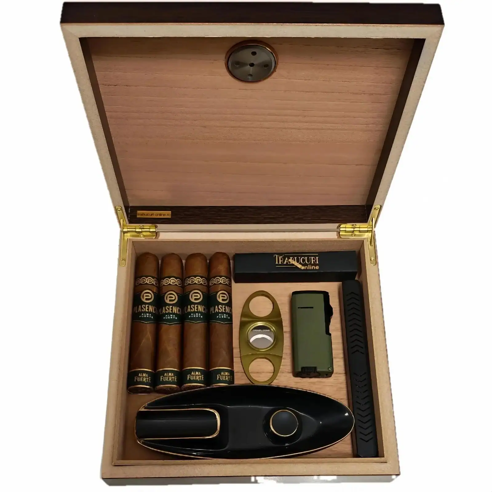 Set trabucuri de lux Plasencia Alma Fuerte Robustos cu humidor maro, brichetă Eurojet, cutter premium și accesorii