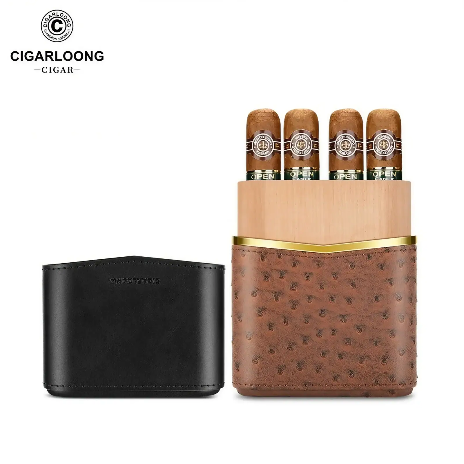 etui trabucuri Cigarloong Ostrich din piele premium cu interior din cedru spaniol pentru 4 trabucuri