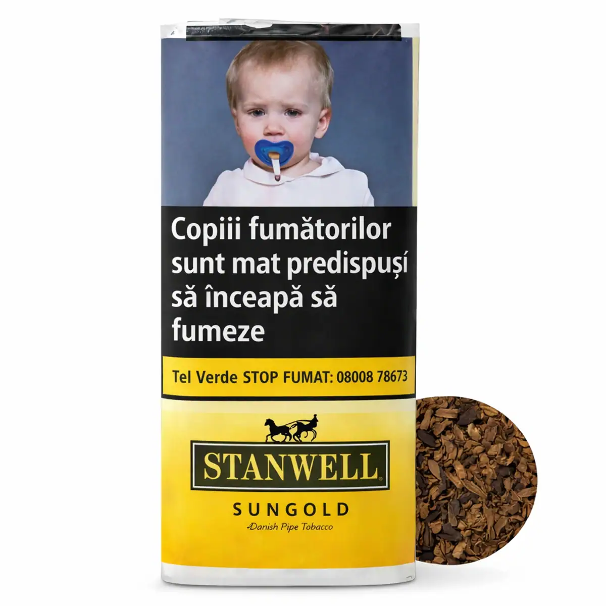 Tutun pentru pipa Stanwell Sungold Vanilie 50g – ambalaj cu design degrade maro și avertisment grafic conform legislației UE
