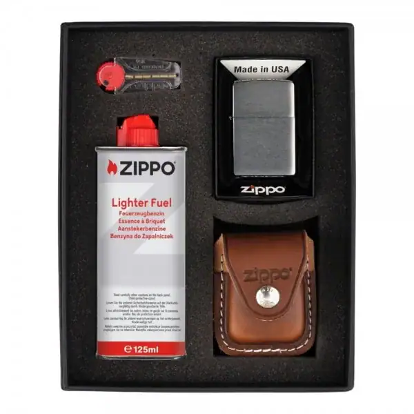 Zippo Set Chrome Brushed Brown Case HS251268 - imagine 1