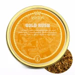 Tutun pentru pipă Ashton Gold Rush 50g – cutie metalică rotundă portocaliu-aurie cu design inspirat din epoca goanei după aur