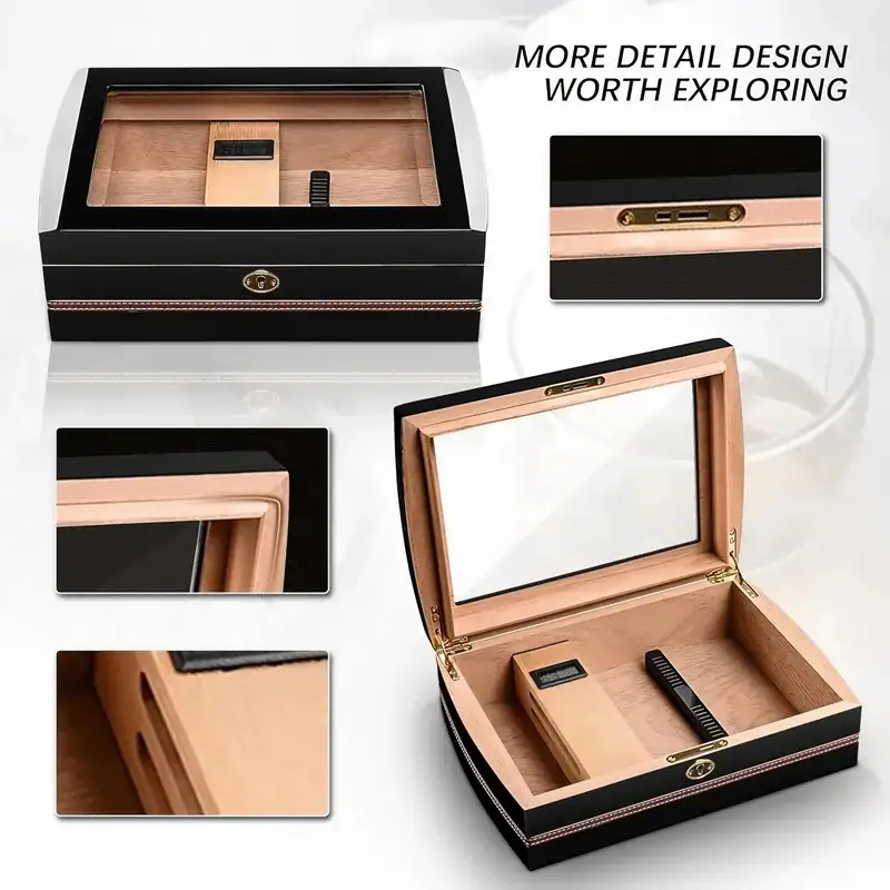 Humidor deschis pentru aproximativ 50 de trabucuri cu higrometru digital și compartimentare interioară.