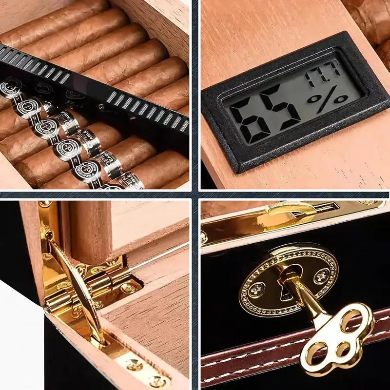 Humidor negru lucios pentru trabucuri cu capac din sticlă și interior din lemn de cedru natural.