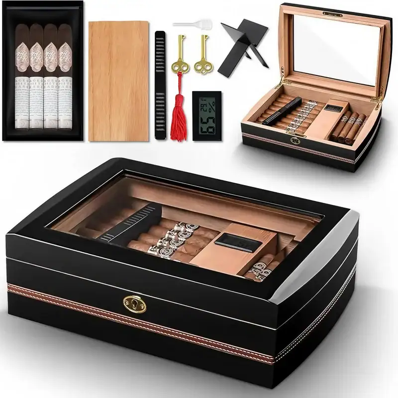 Humidor pentru 50 trabucuri cu higrometru digital, umidificator, separator interior și chei de siguranță incluse.