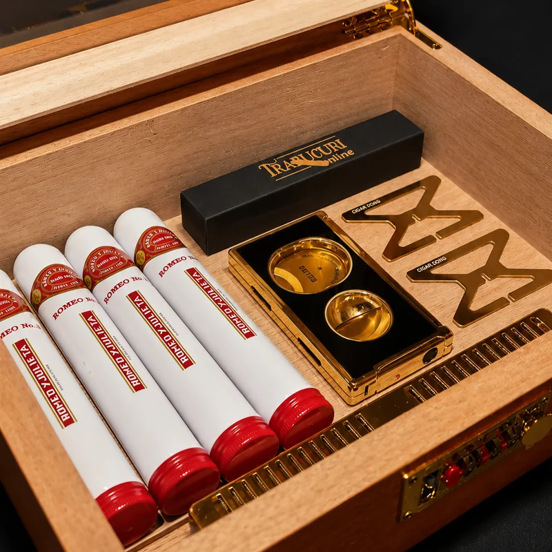 Set trabucuri de lux Romeo y Julieta deschis cu humidor și accesorii premium