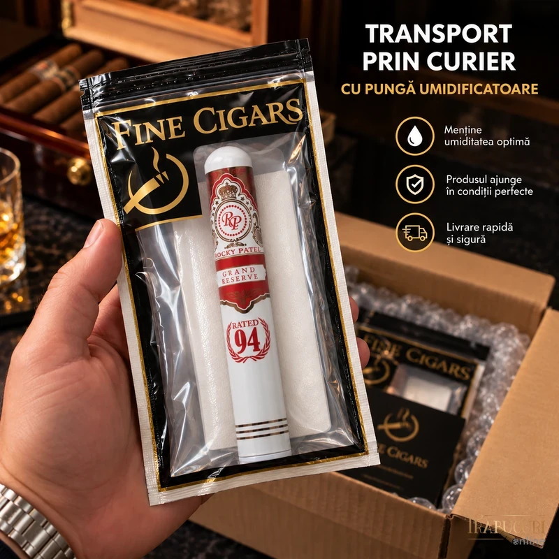 Trabuc Rocky Patel Grand Reserve Toro Tubo ambalat în pungă umidificatoare pentru transport prin curier
