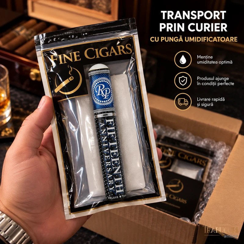 Trabuc Rocky Patel 15th Anniversary Deluxe Toro Tubo la bucată ambalat în pungă umidificatoare pentru transport prin curier