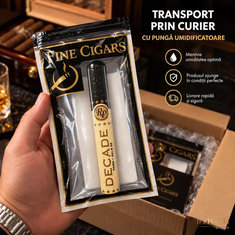 Trabuc Rocky Patel Decade Deluxe Toro Tubo la bucată ambalat în pungă umidificatoare pentru transport prin curier