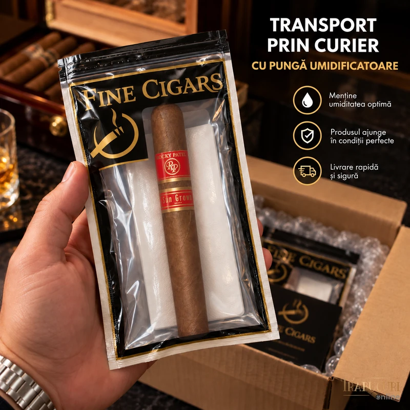Trabuc Rocky Patel Sun Grown Sixty la bucată ambalat în pungă umidificatoare pentru transport prin curier