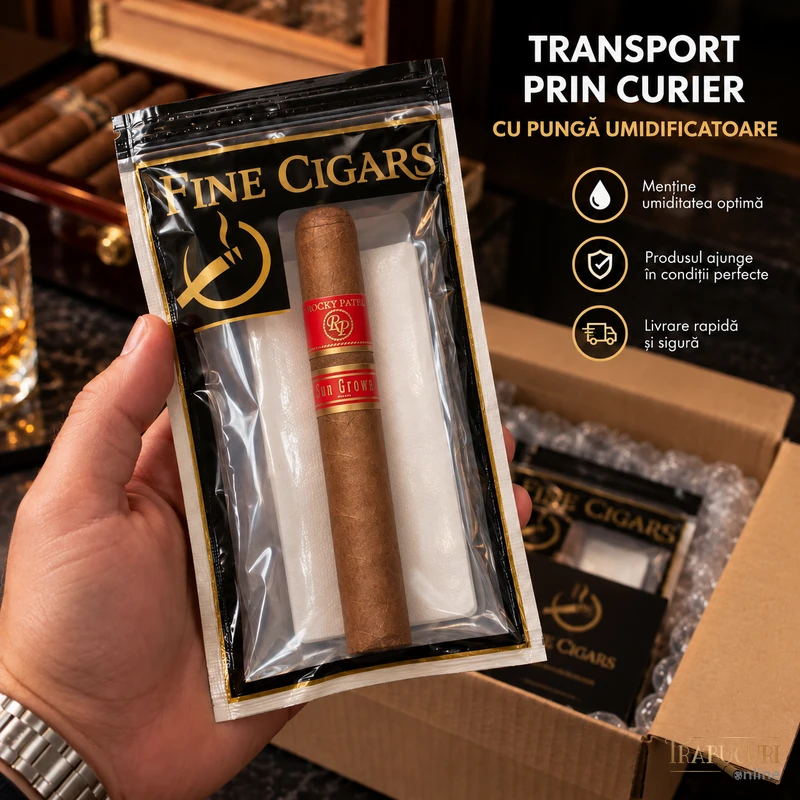 Trabuc Rocky Patel Sun Grown Toro la bucată ambalat în pungă umidificatoare pentru transport prin curier