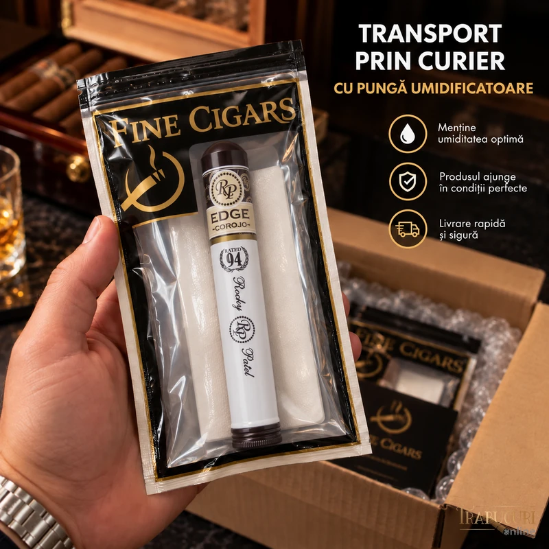Trabuc Rocky Patel The Edge Corojo Toro Tubo la bucată ambalat în pungă umidificatoare pentru transport prin curier