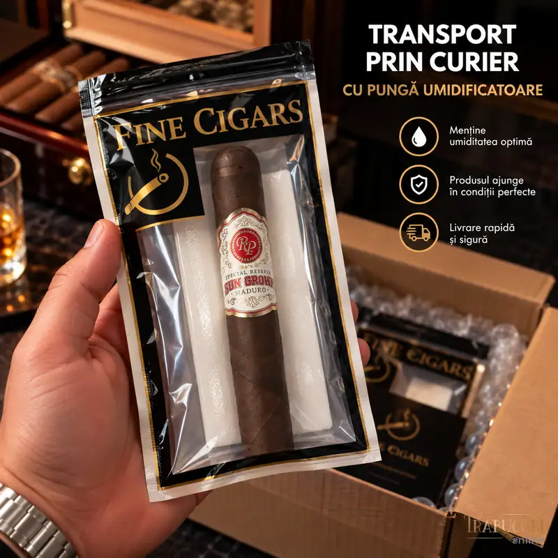 Trabuc Rocky Patel Sun Grown Maduro Sixty la bucată ambalat în pungă umidificatoare pentru transport prin curier