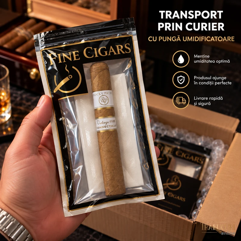 Trabuc Rocky Patel Vintage 1999 Connecticut Petite Corona la bucată ambalat în pungă umidificatoare pentru transport prin curier