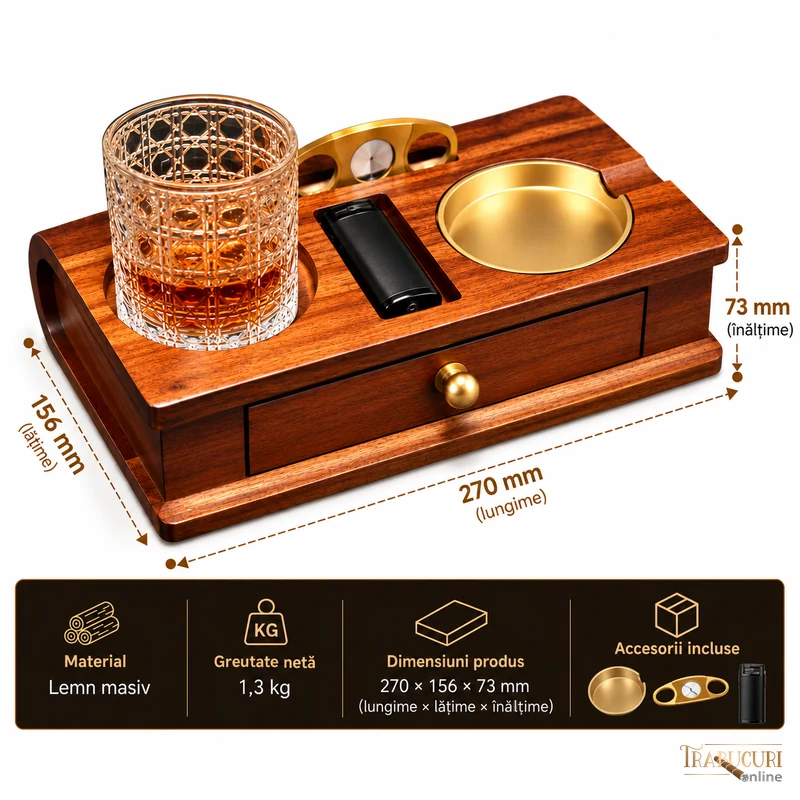 Dimensiunile suportului din lemn masiv: 270 × 156 × 73 mm și greutate de aproximativ 1,3 kg
