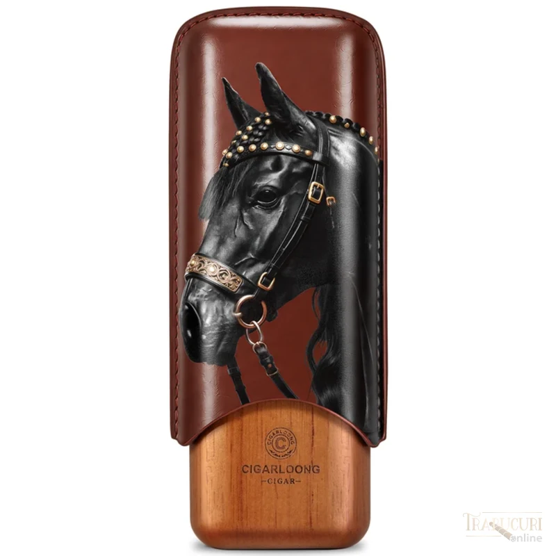 Etui CIGARLOONG pentru două trabucuri, maro mahon, cu motiv decorativ cu armăsar negru