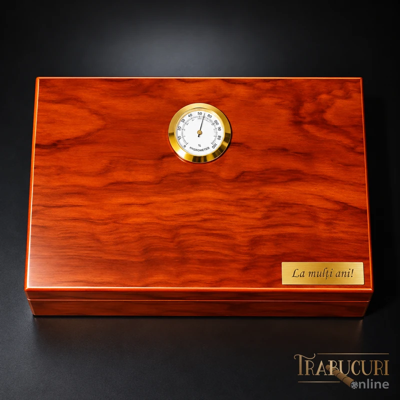 Humidor închis din lemn cu finisaj cireș și higrometru pentru setul Rocky Patel Gold Edition