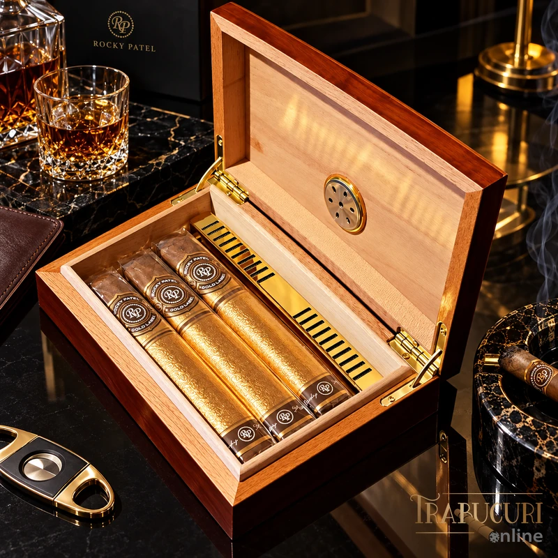 Set Rocky Patel Gold Edition cu humidor deschis și trei trabucuri, prezentat într-un decor elegant