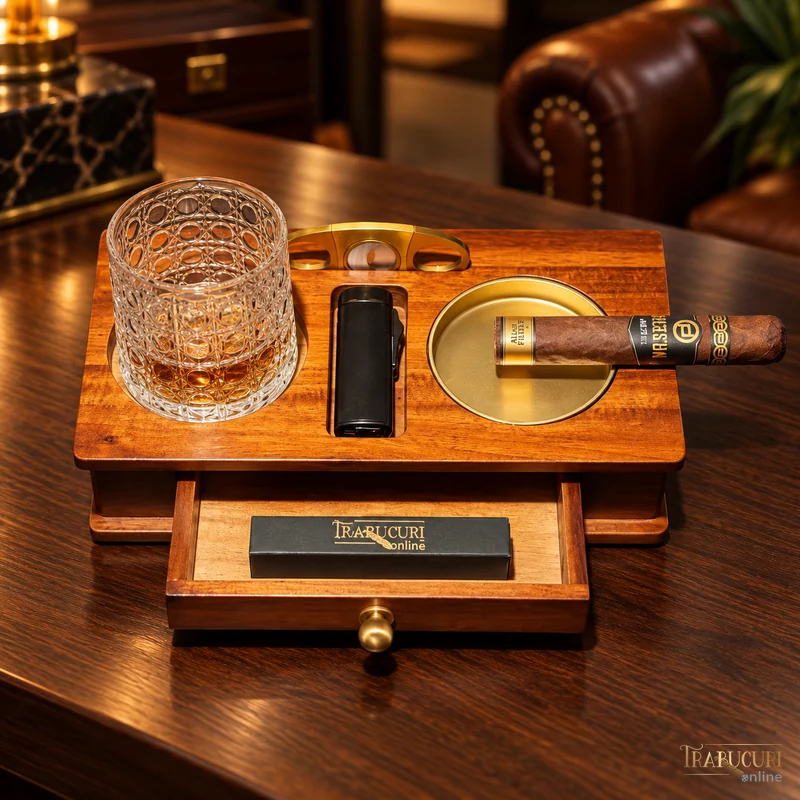 Set pentru trabucuri și whisky cu suport din lemn, scrumieră, pahar și trabuc